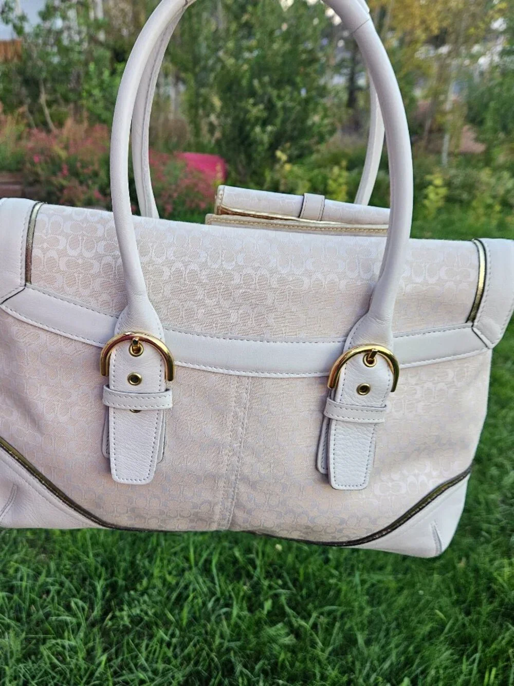 Vintage Coach Y2K Soho Buckle Cream Leather Buckle Satchel Shoulder Bag & Wallet